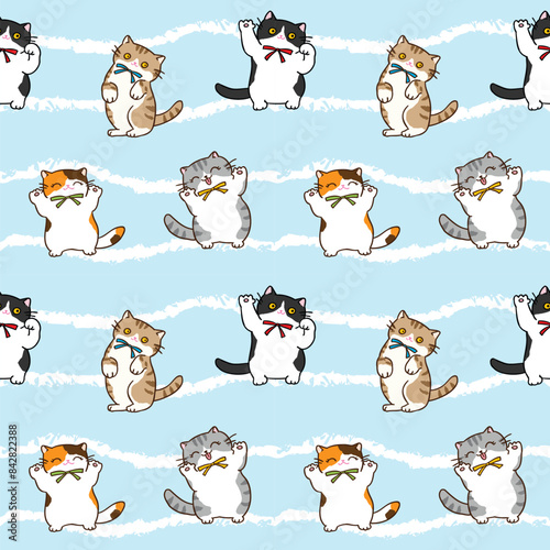 Seamless Pattern of Cute Cartoon Cat Design on Light Blue Background with White Wavy Lines