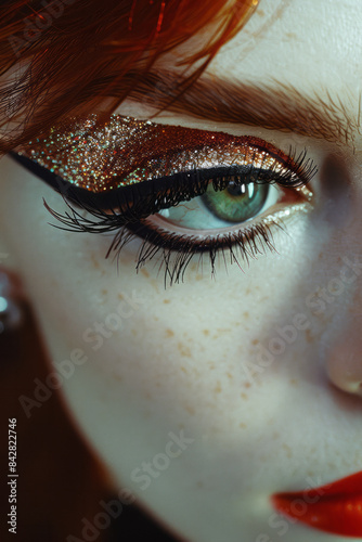 Close-up of a drag queenâ€™s eyes, with intricate eyeliner and bold lashes,