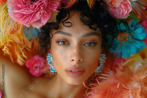 Aesthetic photo of a drag queen surrounded by colorful stage props, exuding theatrical flair,