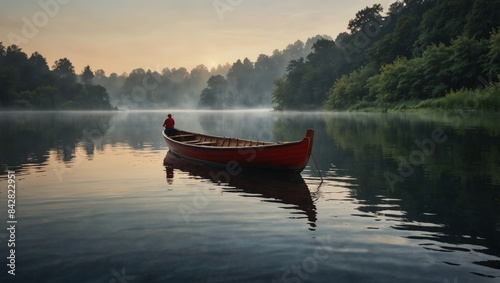 View of wooden boat on calm lake with morning fog  © benmira