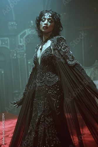 Elegant image of a drag queen in a dramatic cape, swirling on stage,
