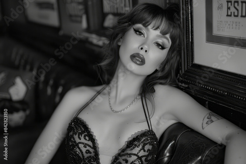 Aesthetic photo of a drag queen in a corseted dress, showcasing an hourglass figure,