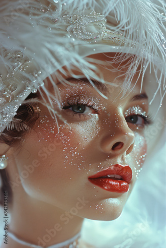 Elegant photo of a drag queen in a feathered headdress, exuding glamour and poise,