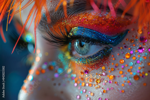 Close-up of a drag queenâ€™s expressive eyes and vibrant makeup,