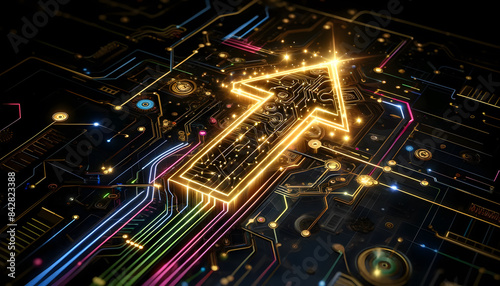 The glowing golden arrow integrated into a dark, intricate circuit board design beautifully represents technological advancement and growth. © KeetaKawee