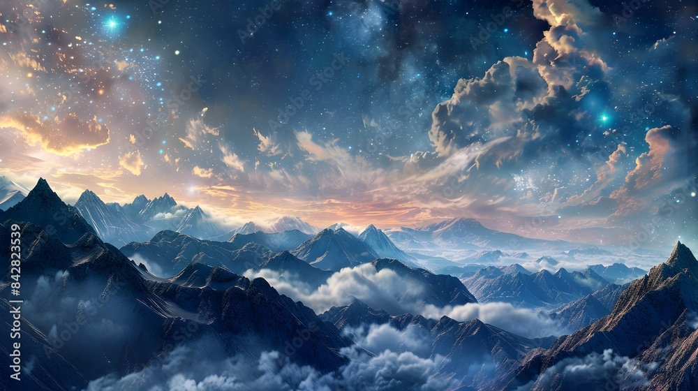 Surreal Mountain Landscape with Layered Clouds and Starry Sky Surreal Mountain Landscape with Layered Clouds and Starry Sky