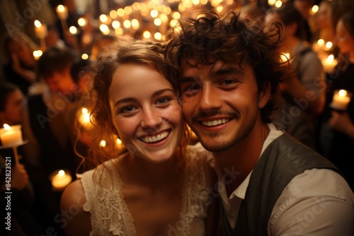 Happy young couples celebrating their weddings together at a collective ceremony., generative IA © Gabriel