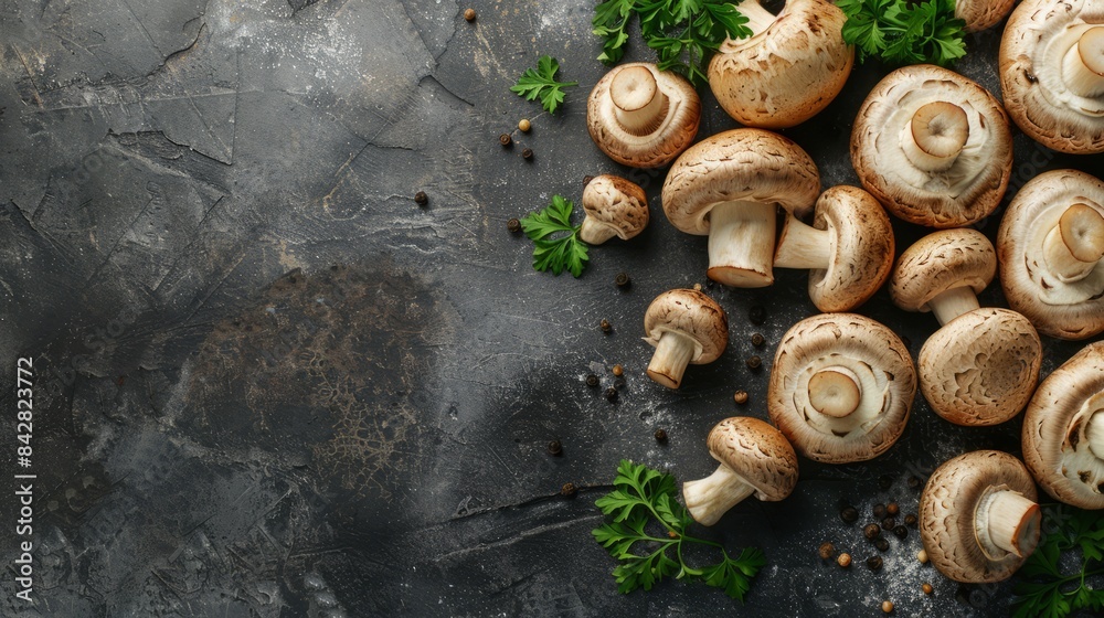 An advertisement of fresh Mushroom, that look delicious and nutritious, with space for text. An advertisement of fresh Mushroom, that look delicious and nutritious, with space for text.