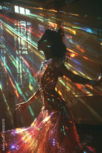 Elegant drag queen performing a dance routine, with colorful lighting effects,