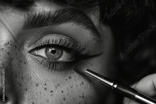 Close-up of a drag queen applying makeup, showcasing artistic skills and creativity,