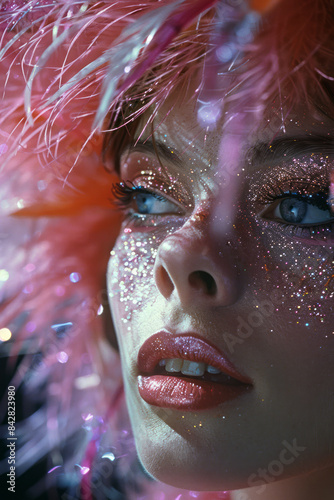 Elegant photo of a drag queen in a feathered headdress, exuding glamour and poise,