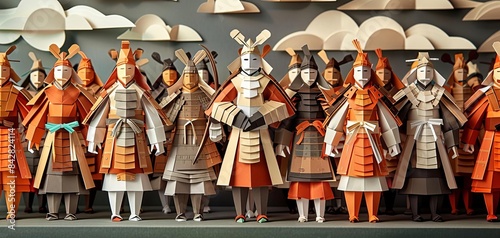 3D origami Chinese terracotta warriors, detailed armor, arranged in rows, traditional colors