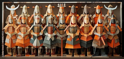 3D origami Chinese terracotta warriors, detailed armor, arranged in rows, traditional colors
