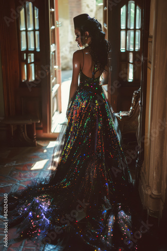 Aesthetic shot of a drag queen adjusting a glittering gown backstage,