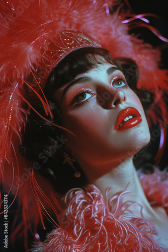 Elegant photo of a drag queen in a feathered headdress, exuding glamour and poise,