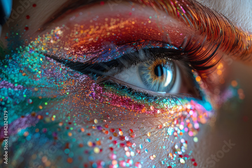 Close-up of a drag queen’s expressive eyes and vibrant makeup,