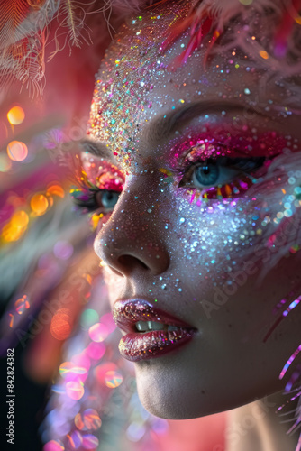 Close-up of a drag queen with vibrant makeup and a dazzling headpiece,