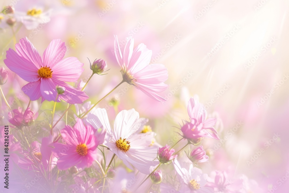 Enchanting Radiance: Sunlit Pink Cosmos Blossoms in a Dreamy Meadowscape Enchanting Radiance: Sunlit Pink Cosmos Blossoms in a Dreamy Meadowscape