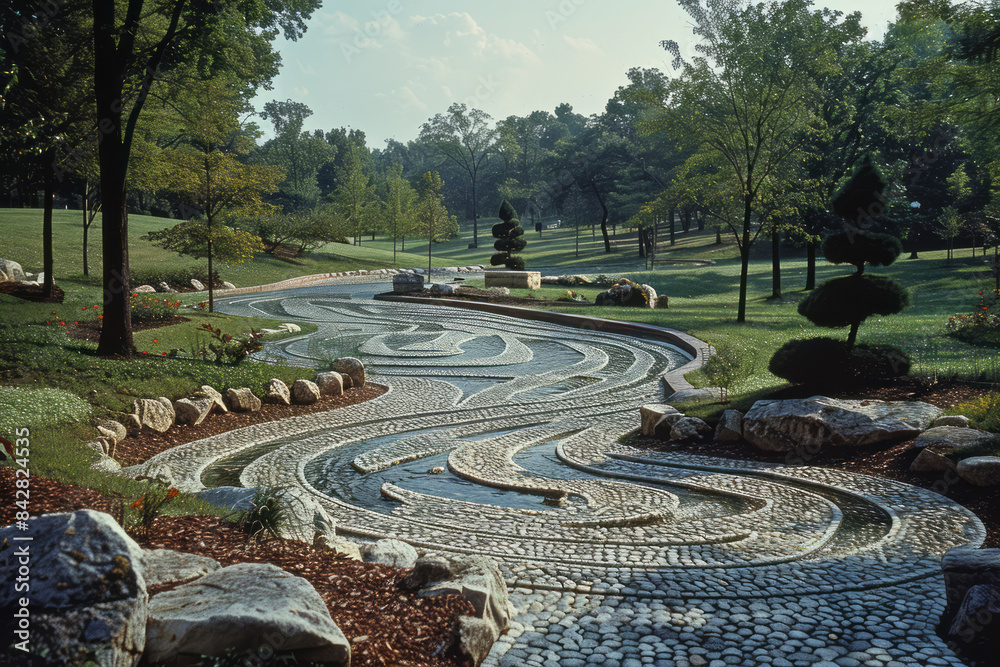 Modern landscape design with geometric patterns in a neatly manicured lawn,