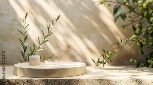 Product display podium for natural product Empty scene with olive tree branch Cosmetic mockup clean 