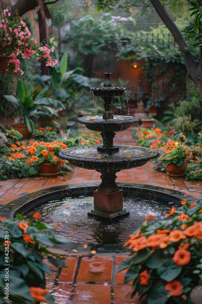 Aesthetic landscape design showcasing a charming garden with a vintage fountain,