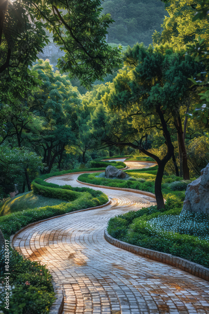 Obraz premium Picturesque landscape design with winding pathways through a lush green park,