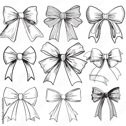 Set of sketched bow and ribbon.  line art vector