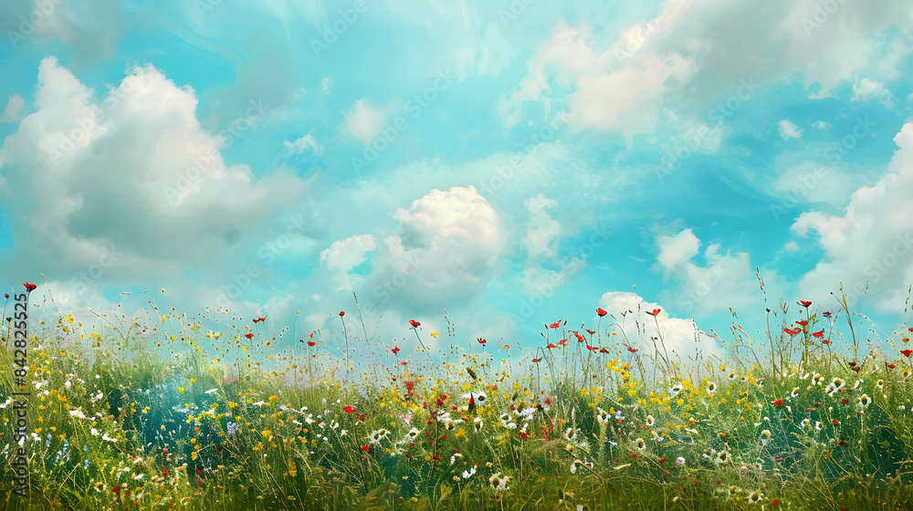 Fototapeta premium Enchanting meadow with wildflowers and cerulean sky. Panoramic perspective banner. Copy space concept. 