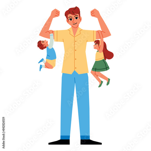 Vector Father Lift Up Children Cartoon Illustration Isolated