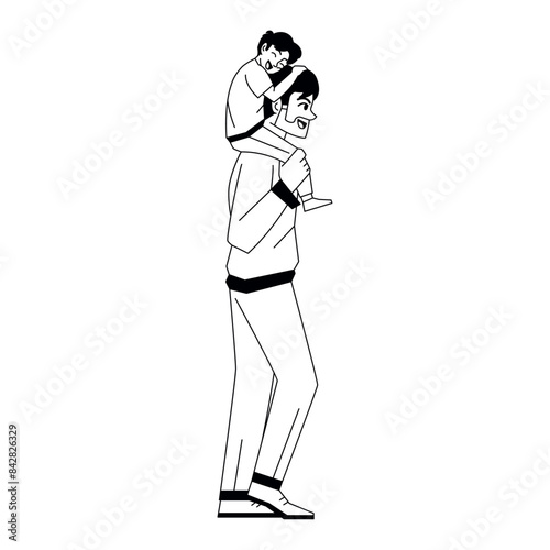Vector Son Sitting On Fathers Shoulder Cartoon Illustration Isolated