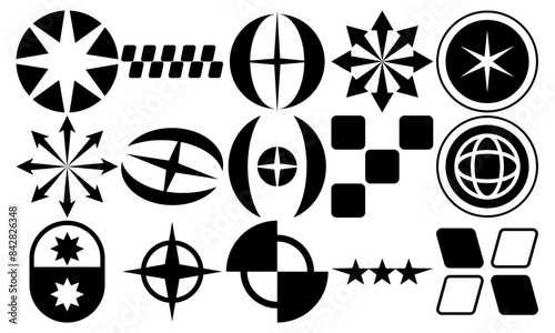 Mega Set Streetwear Futuristic Shape. streetwear, abstract, futuristic, shape, y2k, geometric, graphic, black, vintage, punk, 90s, icon, acid, brutalist. Vector
