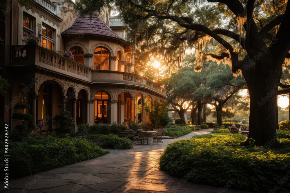 Sunset at Mercer-Williams House, Savannah, USA., generative IA Sunset at Mercer-Williams House, Savannah, USA., generative IA