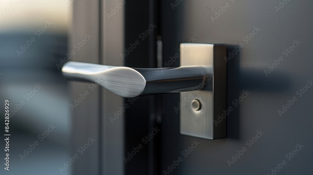 A silver door handle with a black handle A silver door handle with a black handle