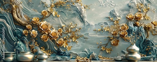 Chineseinspired stucco, gold accents, photorealistic, highdetail, HDR lighting