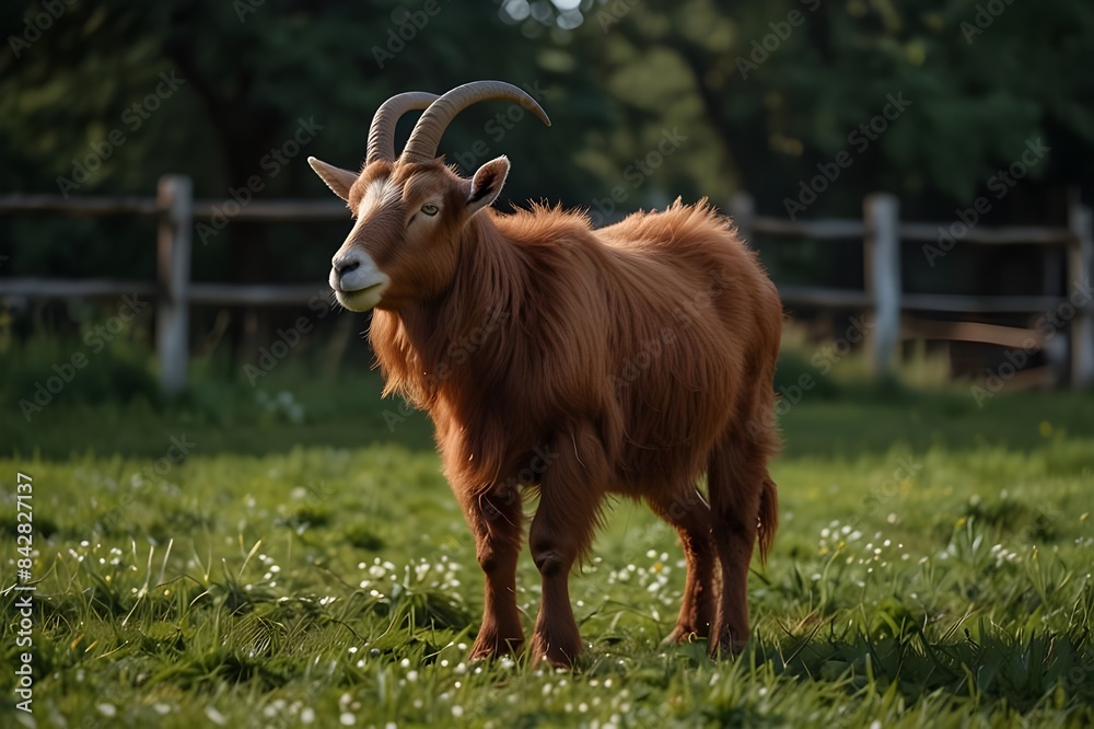 Fototapeta premium Adult red goat with horns and milk udder. Isolated