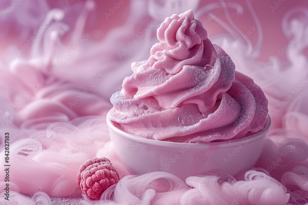 Minimalist image of frozen yogurt with cold vapor in a close-up view, Minimalist image of frozen yogurt with cold vapor in a close-up view,
