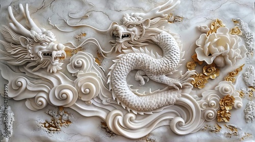 Intricate Chinese stucco molding, gold accents, neotraditional, HDR lighting