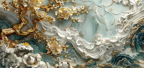 Japanese stucco motifs, gold accents, minimalist, highresolution, soft ambient light