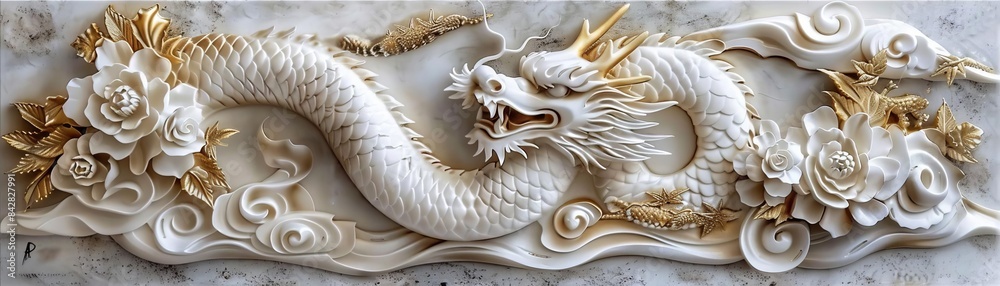 Obraz premium Japaneseinspired stucco molding, gold highlights, vintage style, high contrast