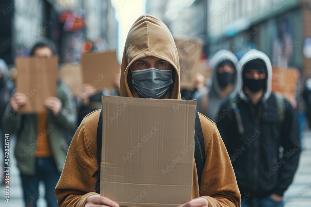 Group of protesters holding signs with messages Wear a hoodie and mask. Group of protesters holding signs with messages Wear a hoodie and mask.