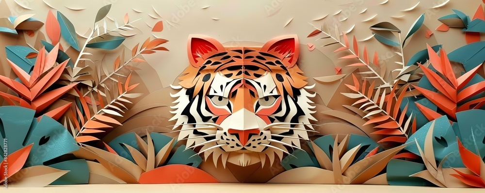 Obraz premium Origami tiger, fierce expression, metallic sheen, jungle background, high contrast, Japanese folklore