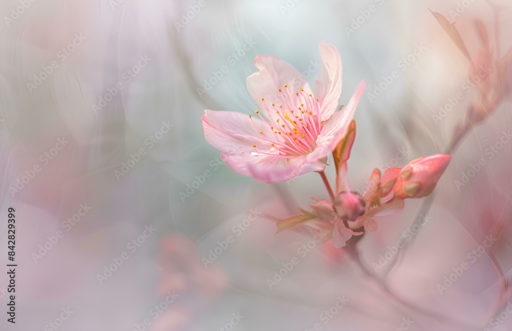 Closeup of cherry blossom flowers on white background, blurred