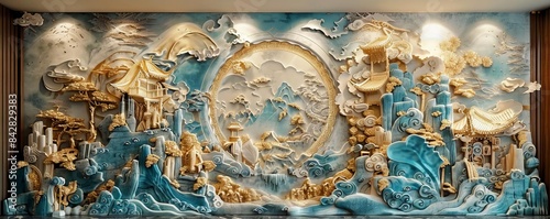 Stucco molding with Chinese elements, gold details, modern, highresolution, moody lighting