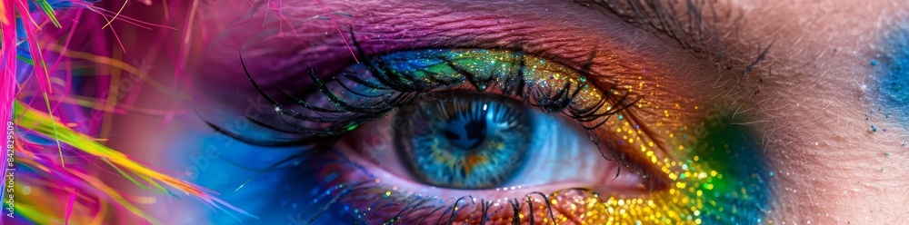 Obraz premium Stock close-up of a person's eye with colorful makeup.