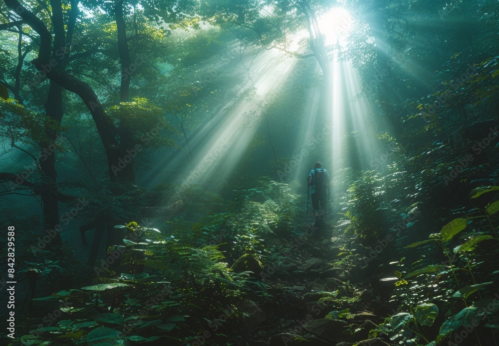 A person hiking through a dense forest, with rays of sunlight filtering through the trees, capturing the essence of adventure and self discovery