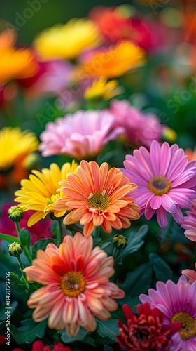 Benjamas flowers in the garden with beautiful chrysanthemums mums and chrysanths with a copy space image