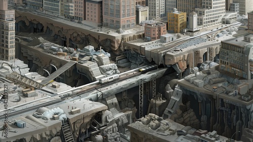 Detailed Cross Section of an Intricate Urban Cityscape with Underground Transportation Systems