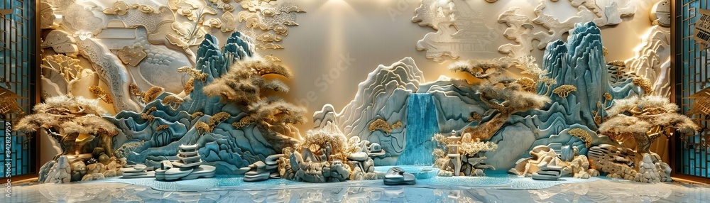 Fototapeta premium Stucco molding with Japanese elements, gold details, modern, highresolution, moody lighting