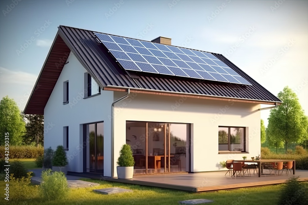 Modern House with Solar Panels on a Sunny Day, Sustainable and Clean Energy at Home Modern House with Solar Panels on a Sunny Day, Sustainable and Clean Energy at Home