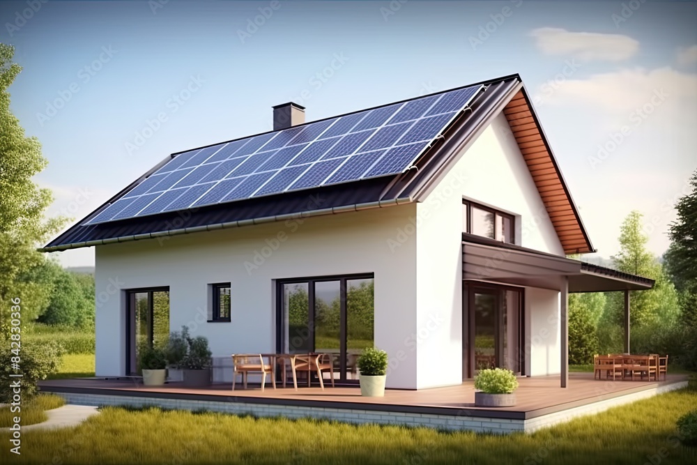 Modern House with Solar Panels on a Sunny Day, Sustainable and Clean Energy at Home Modern House with Solar Panels on a Sunny Day, Sustainable and Clean Energy at Home
